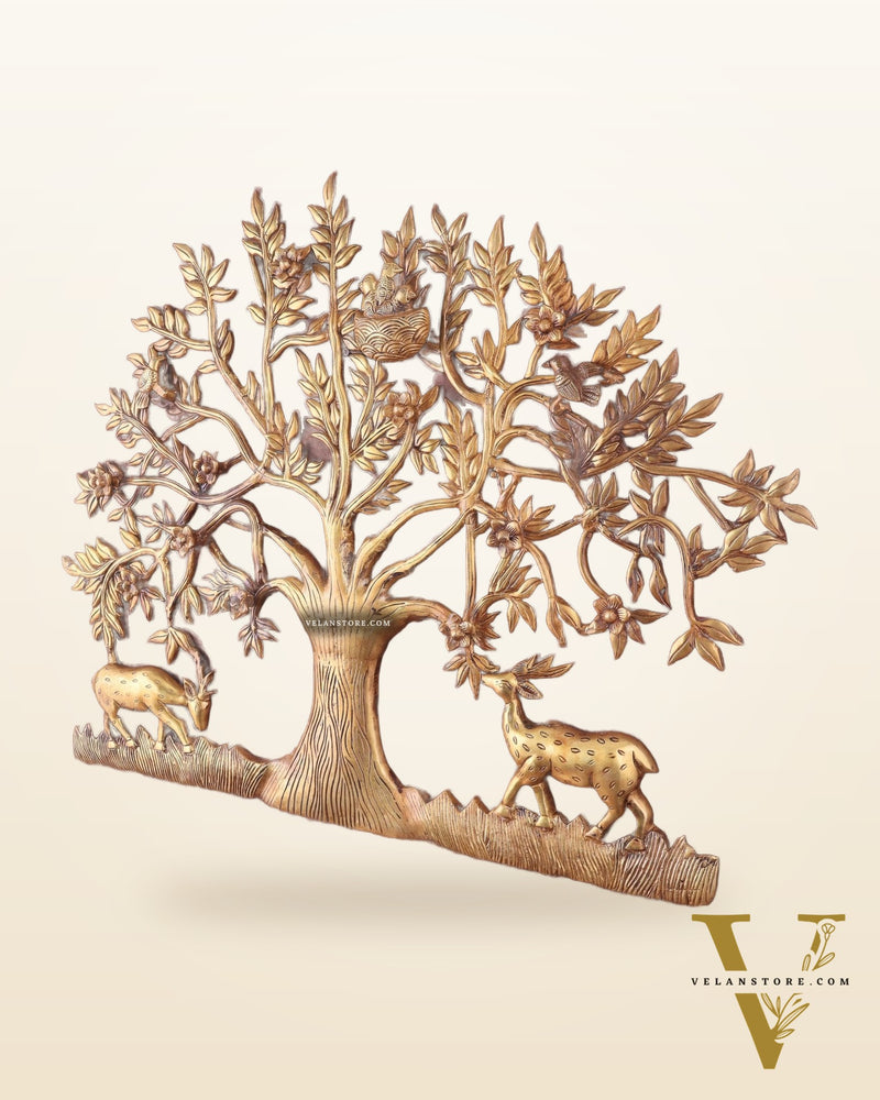 Large Brass Kalpavriksha Wall Hanging with Deers & Birds – 28"x22.5"