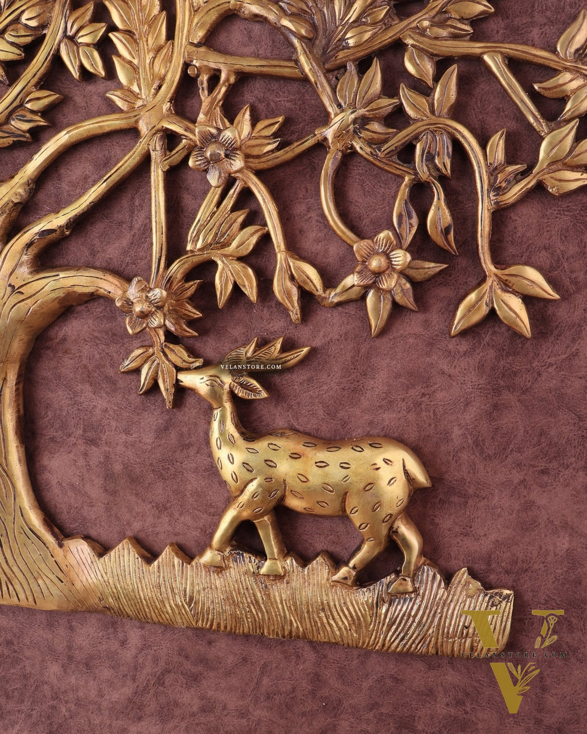 Large Brass Kalpavriksha Wall Hanging with Deers & Birds – 28"x22.5"