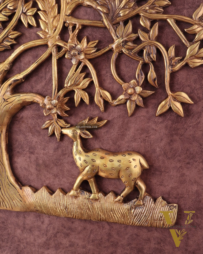 Large Brass Kalpavriksha Wall Hanging with Deers & Birds – 28"x22.5"