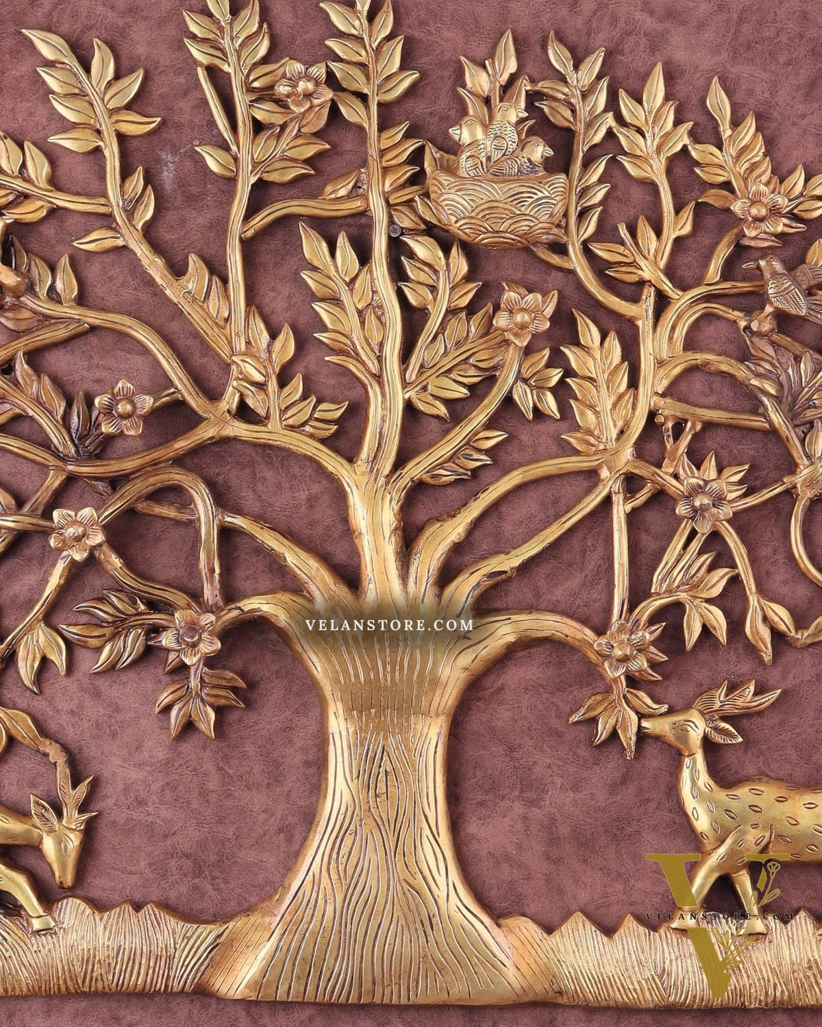 Large Brass Kalpavriksha Wall Hanging with Deers & Birds – 28"x22.5"