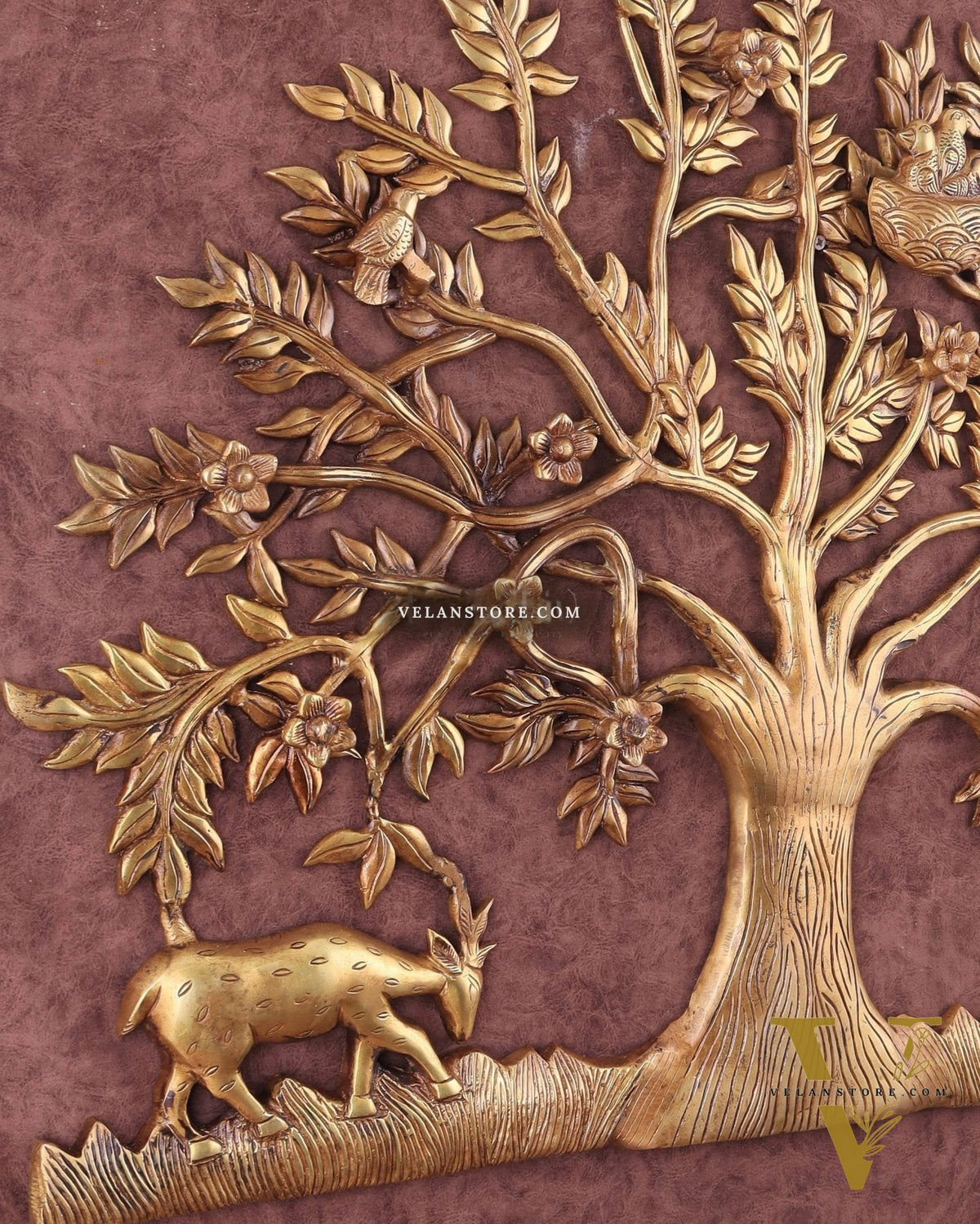 Large Brass Kalpavriksha Wall Hanging with Deers & Birds – 28"x22.5"