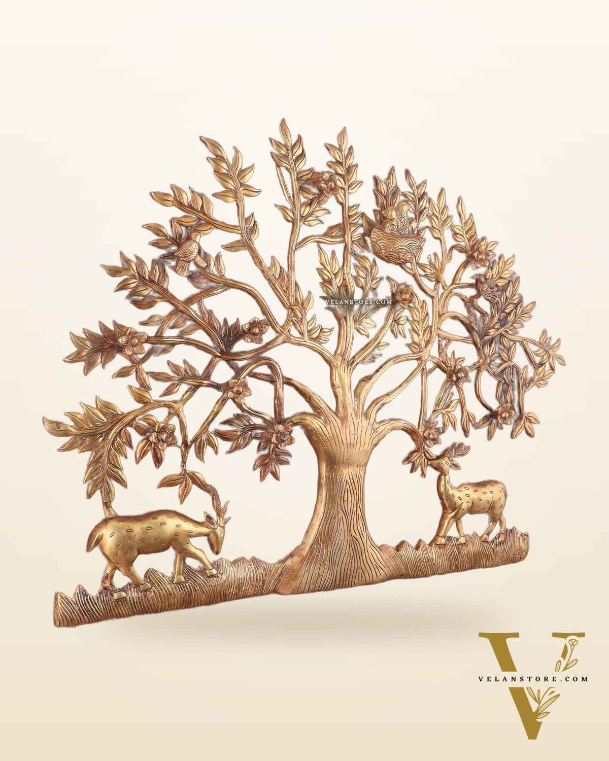 Large Brass Kalpavriksha Wall Hanging with Deers & Birds – 28"x22.5"