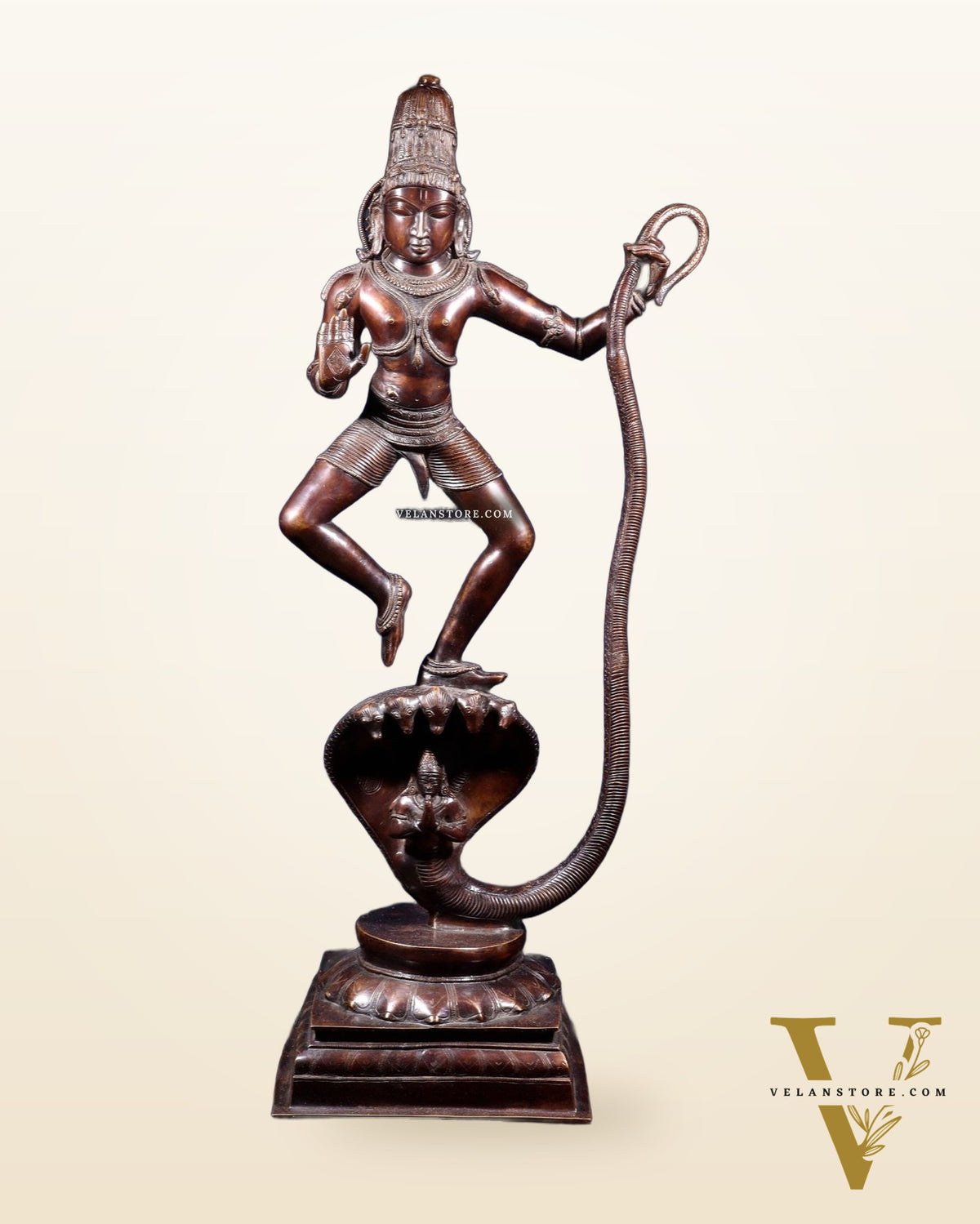 Large Brass Krishna Dancing on Kaliya Naag – 42” Chola Replica