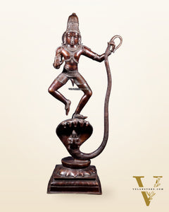 Large Brass Krishna Dancing on Kaliya Naag – 42” Chola Replica