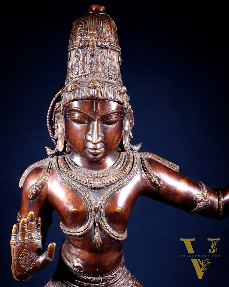 Large Brass Krishna Dancing on Kaliya Naag – 42” Chola Replica