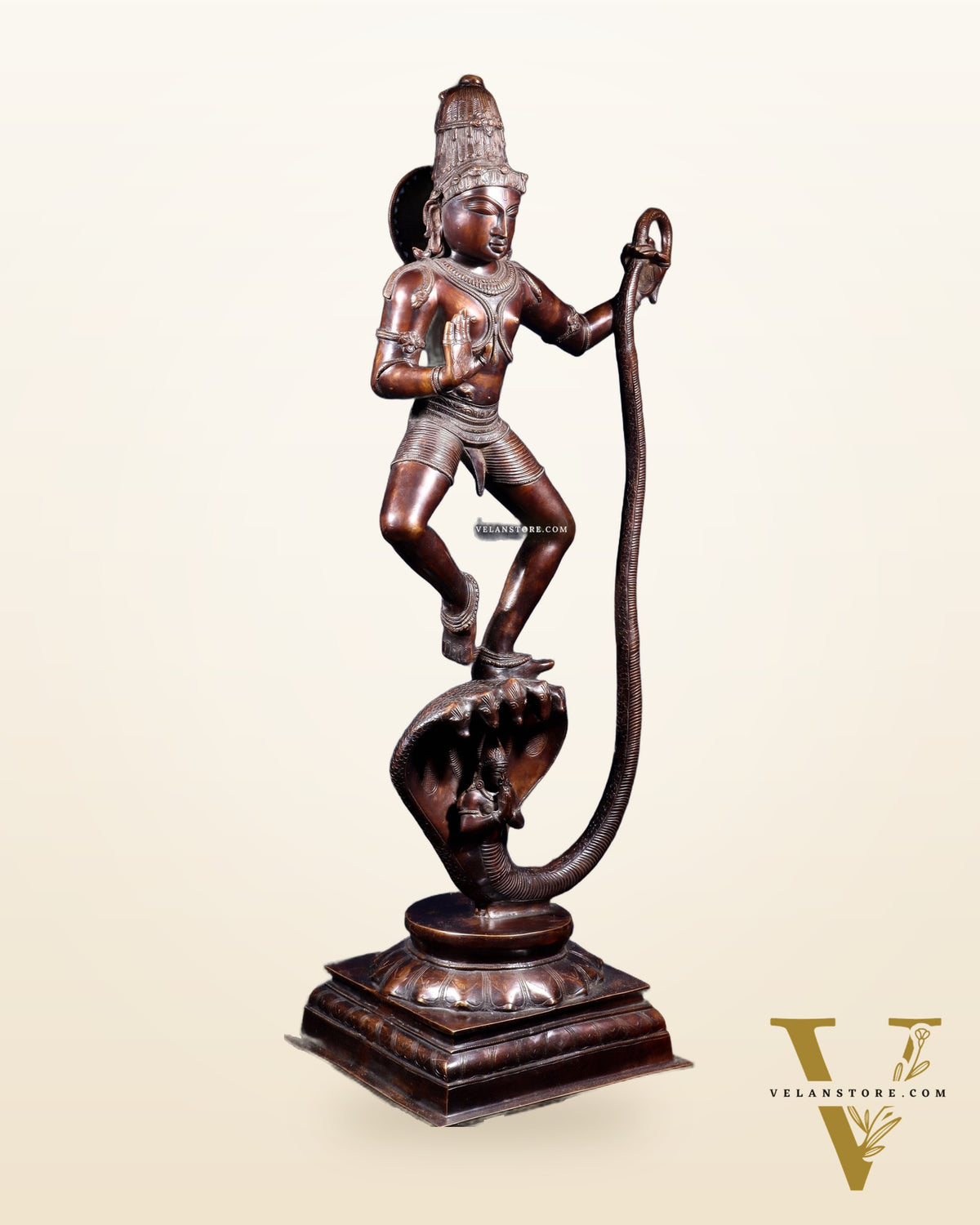 Large Brass Krishna Dancing on Kaliya Naag – 42” Chola Replica