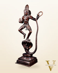 Large Brass Krishna Dancing on Kaliya Naag – 42” Chola Replica