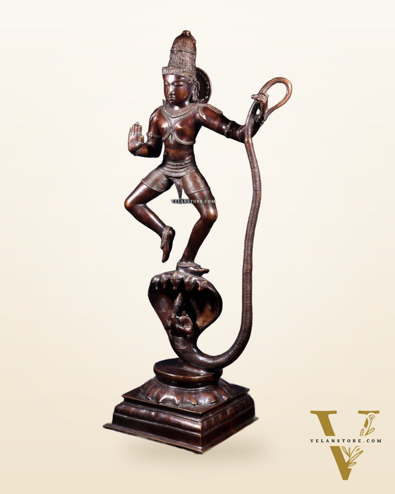 Large Brass Krishna Dancing on Kaliya Naag – 42” Chola Replica