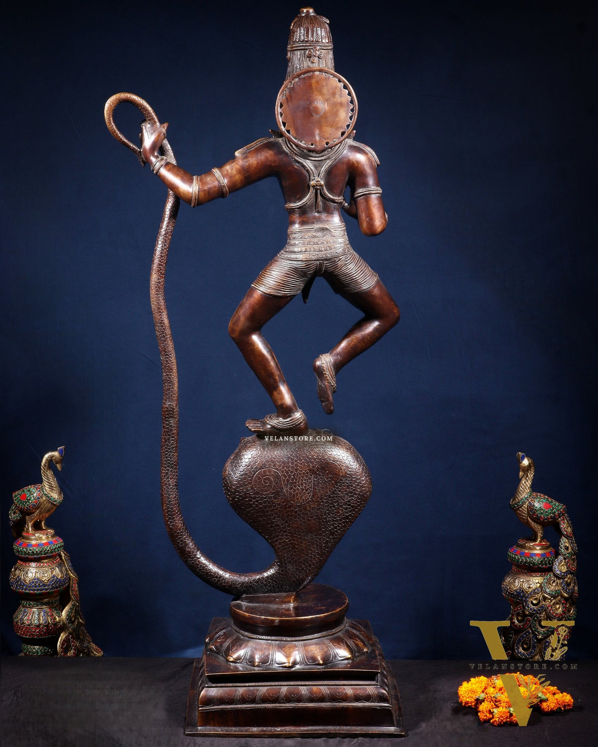 Large Brass Krishna Dancing on Kaliya Naag – 42” Chola Replica