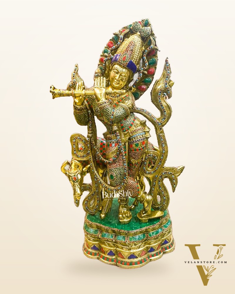 Large Brass Krishna with Cow Statue - 35" Studded with stones