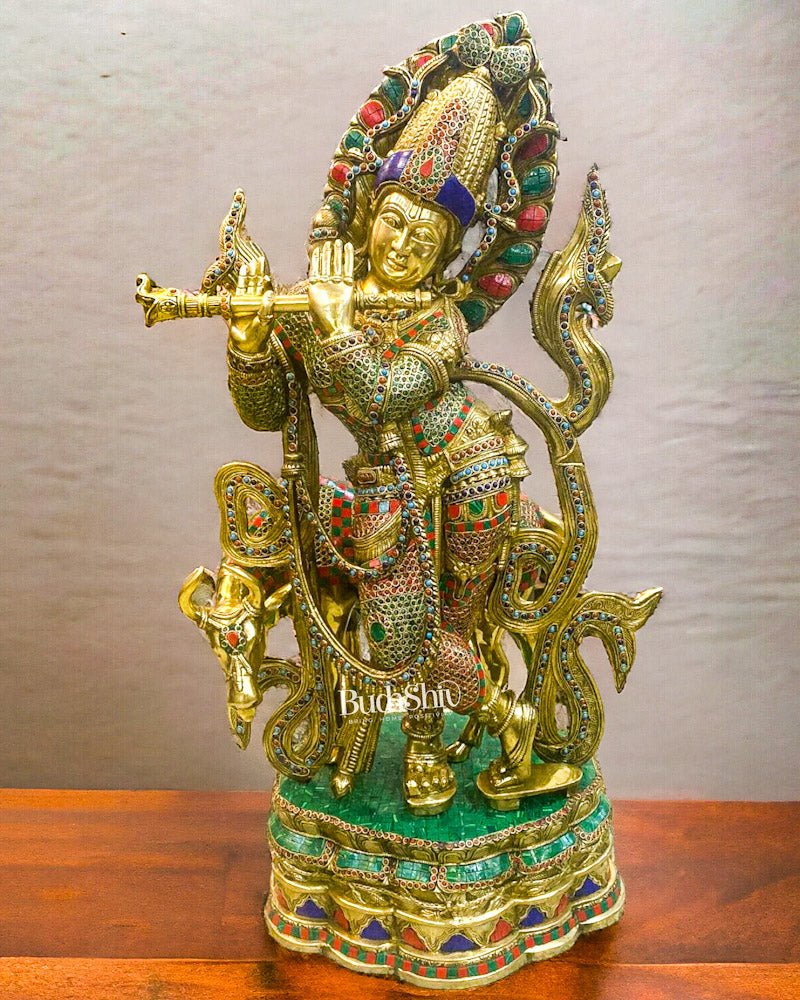 Large Brass Krishna with Cow Statue - 35" Studded with stones