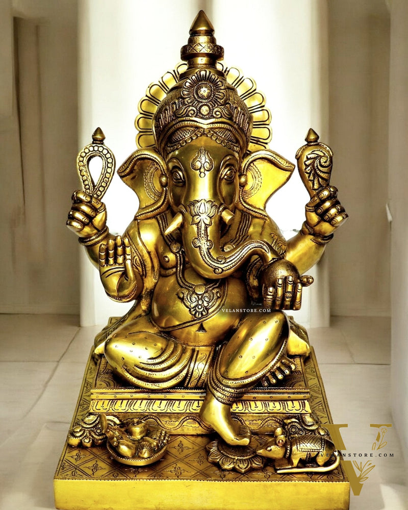 Large Brass Lord Ganesha Idol - 26.5" Handcrafted Superfine Statue