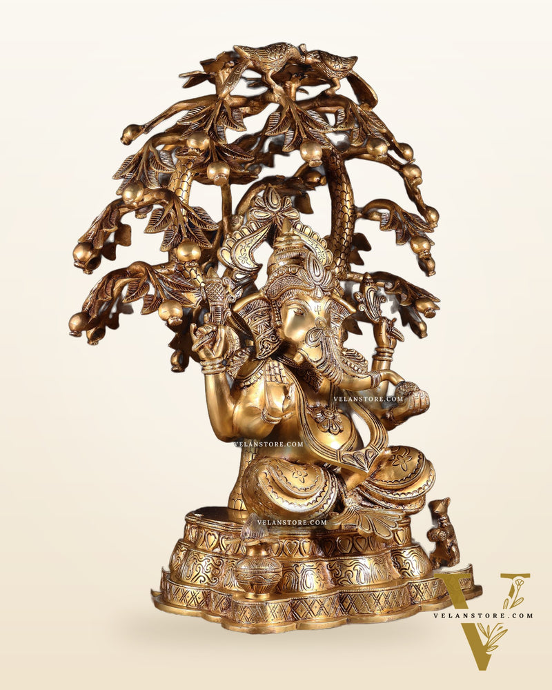 Large Brass Lord Ganesha under Tree statue - 24 inches