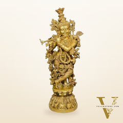 Large Brass Lord Krishna Playing Flute Statue, 47" Height