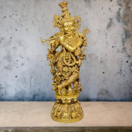 Large Brass Lord Krishna Playing Flute Statue, 47" Height