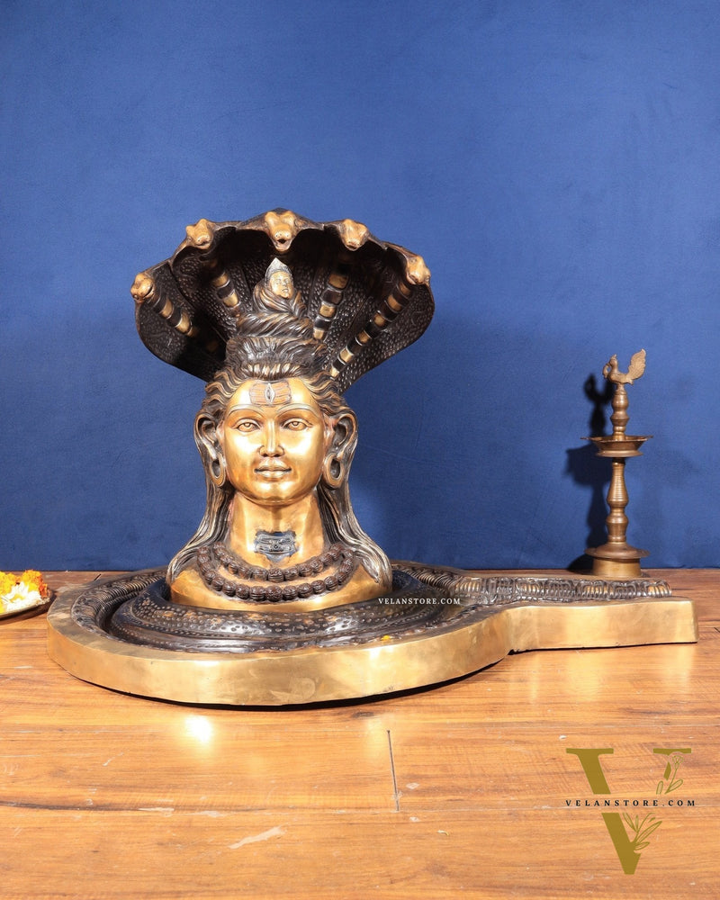 Large Brass Lord Shiva Mukhalingam Shivling – 24" x 25" x 36" | Temple-Perfect with Detachable Base & Vasuki