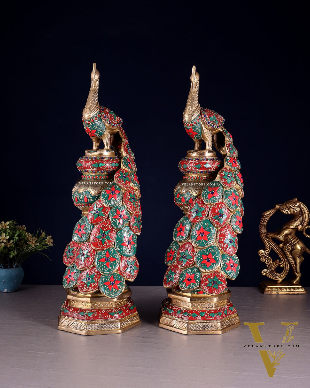Large brass Peacock Showpiece floral stonework - 20 Inch pair