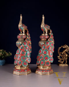 Large brass Peacock Showpiece floral stonework - 20 Inch pair