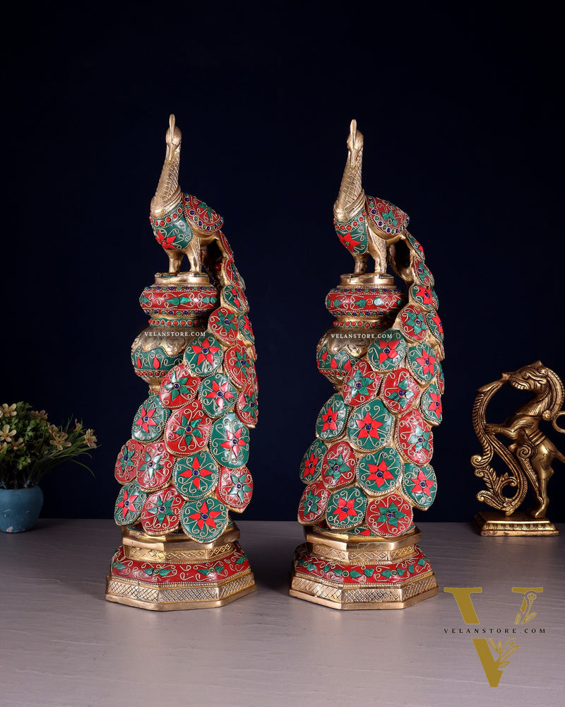 Large brass Peacock Showpiece floral stonework - 20 Inch pair