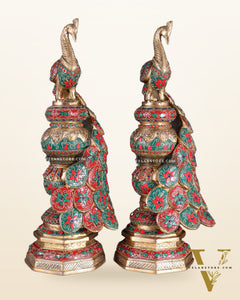 Large brass Peacock Showpiece floral stonework - 20 Inch pair