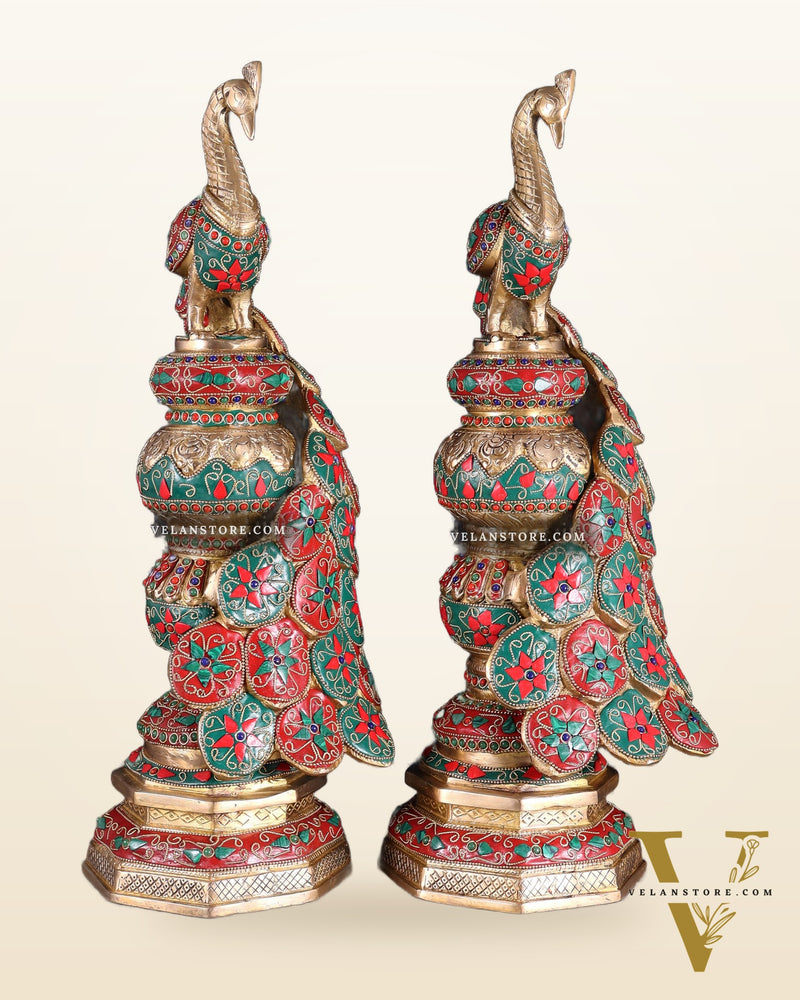 Large brass Peacock Showpiece floral stonework - 20 Inch pair