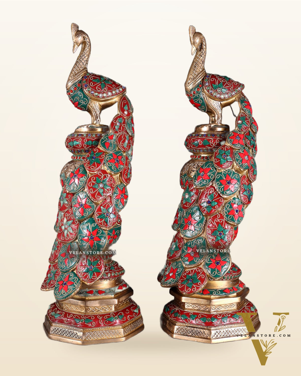 Large brass Peacock Showpiece floral stonework - 20 Inch pair