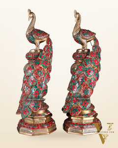 Large brass Peacock Showpiece floral stonework - 20 Inch pair