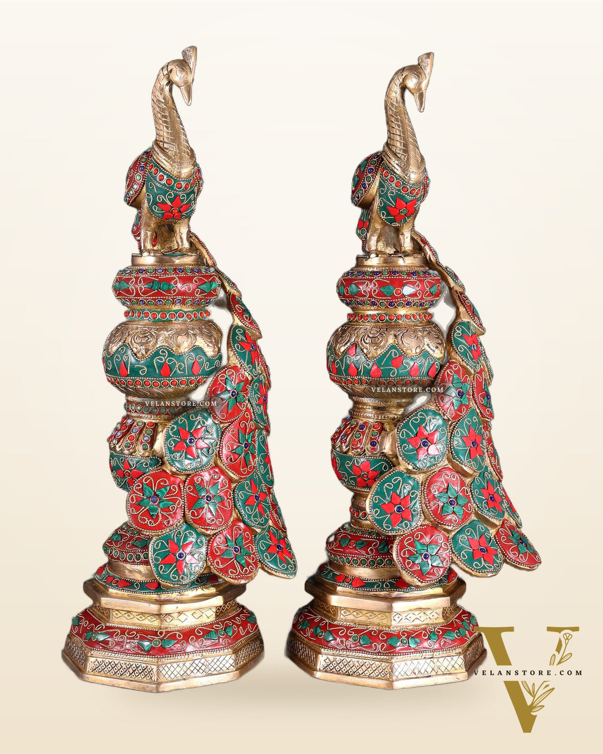 Large brass Peacock Showpiece floral stonework - 20 Inch pair