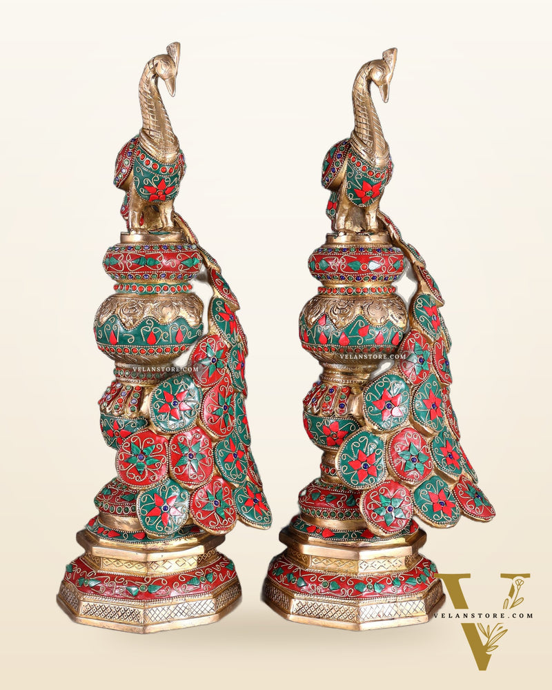 Large brass Peacock Showpiece floral stonework - 20 Inch pair