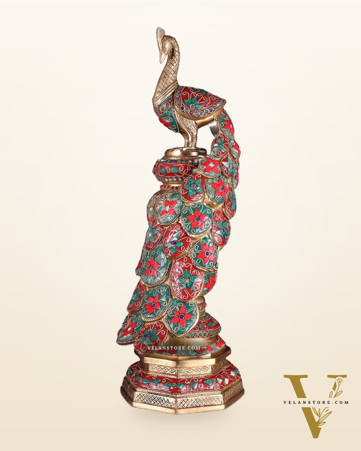 Large brass Peacock Showpiece with floral stonework- 20 Inch