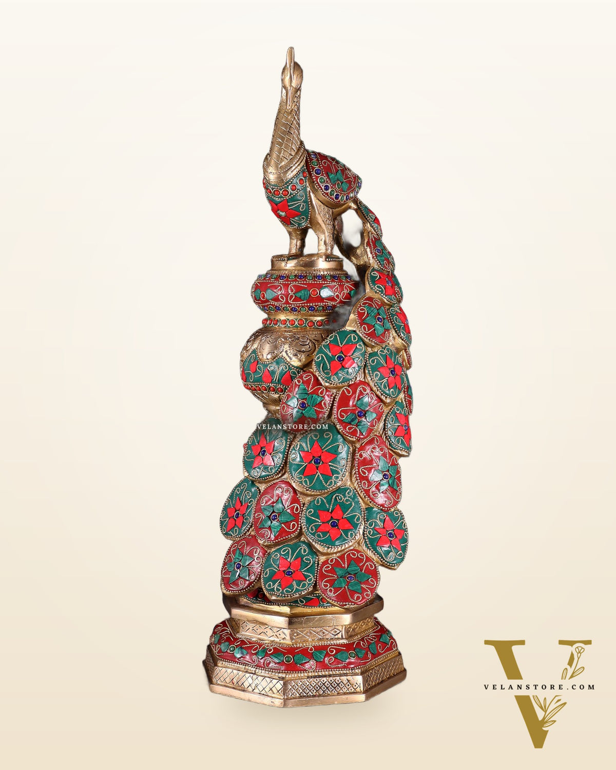 Large brass Peacock Showpiece with floral stonework- 20 Inch