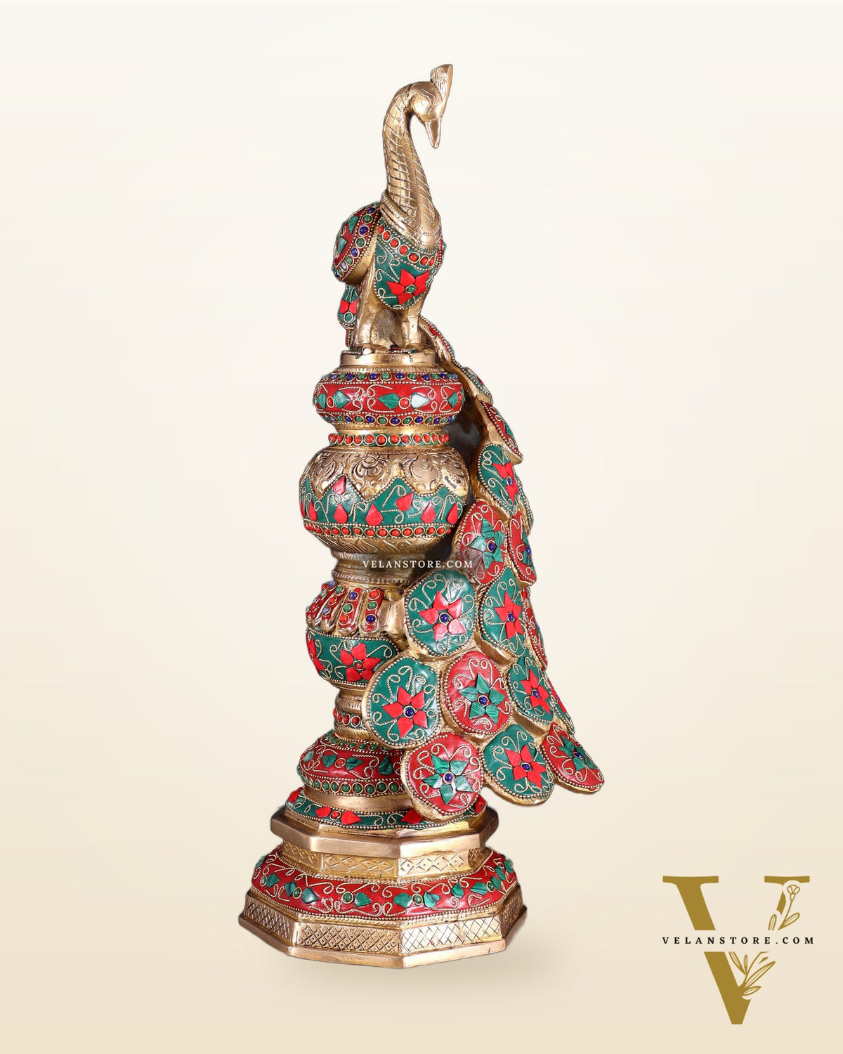 Large brass Peacock Showpiece with floral stonework- 20 Inch