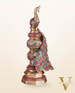 Large brass Peacock Showpiece with floral stonework- 20 Inch