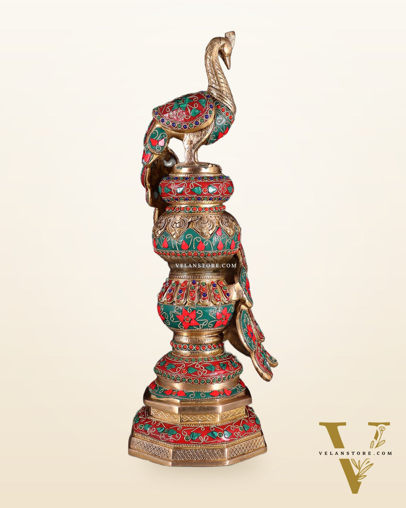 Large brass Peacock Showpiece with floral stonework- 20 Inch