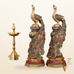 Large brass Peacock Showpiece with Meenakari - 20 Inch pair