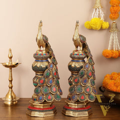 Large brass Peacock Showpiece with Meenakari - 20 Inch pair