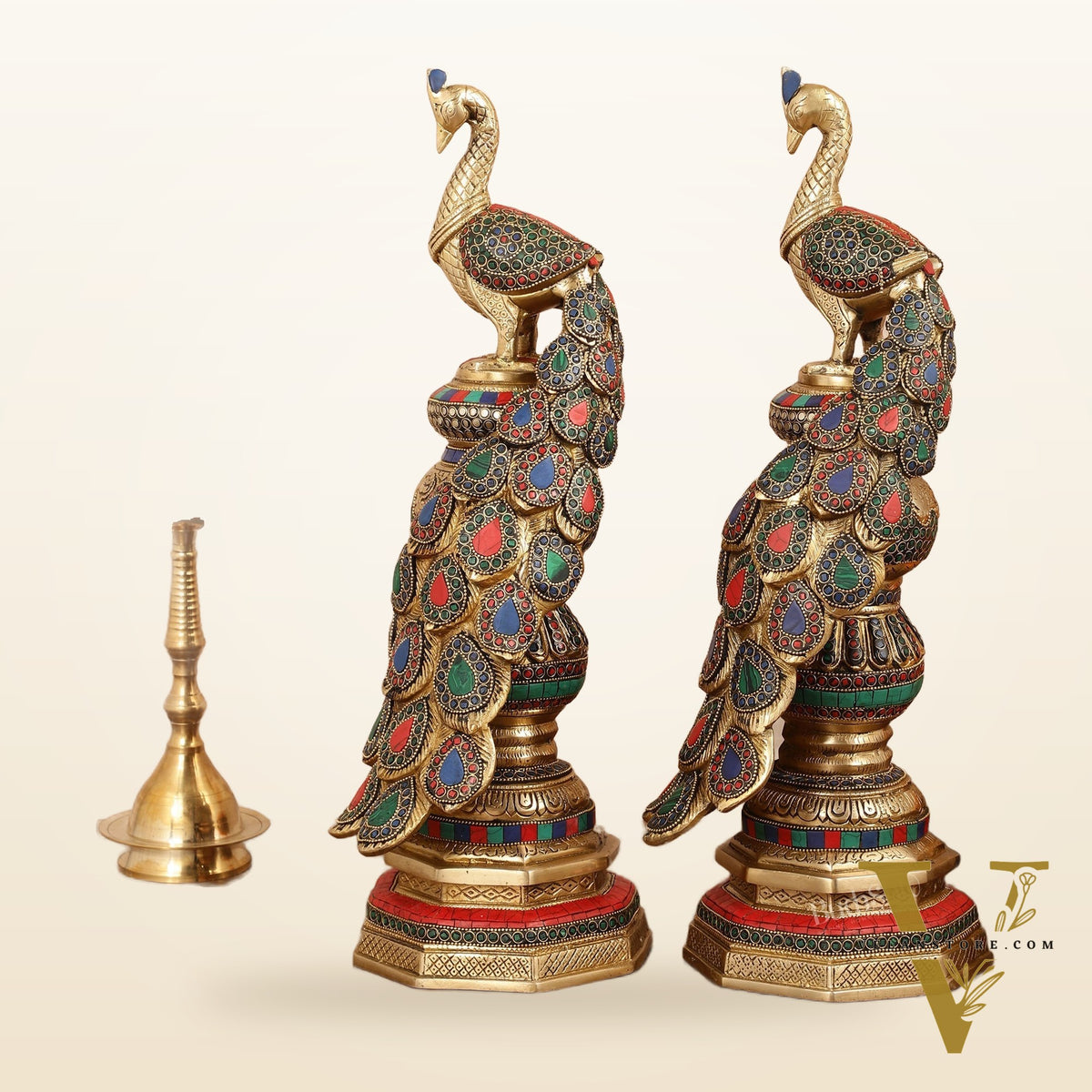 Large brass Peacock Showpiece with Meenakari - 20 Inch pair