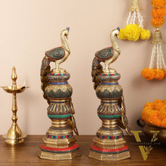Large brass Peacock Showpiece with Meenakari - 20 Inch pair