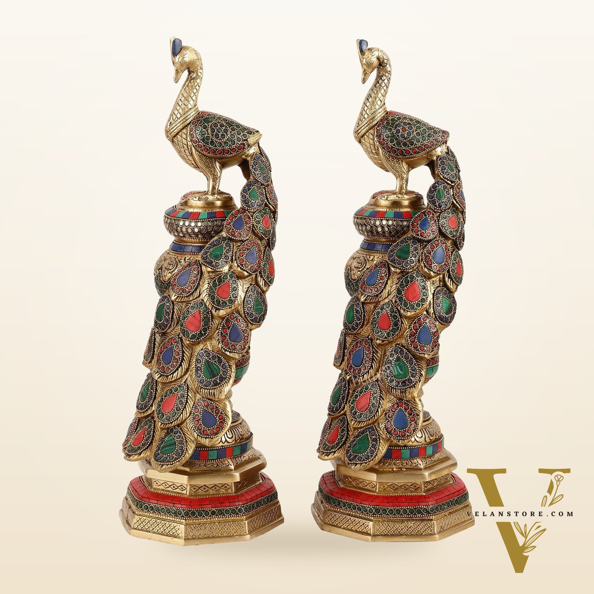 Large brass Peacock Showpiece with Meenakari - 20 Inch pair