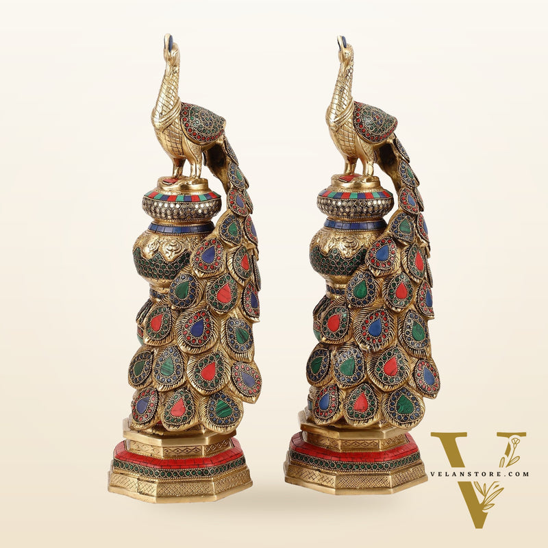 Large brass Peacock Showpiece with Meenakari - 20 Inch pair