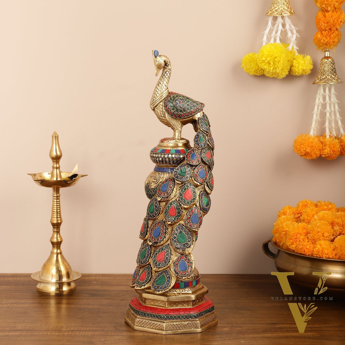 Large brass Peacock Showpiece with Meenakari - 20 Inch