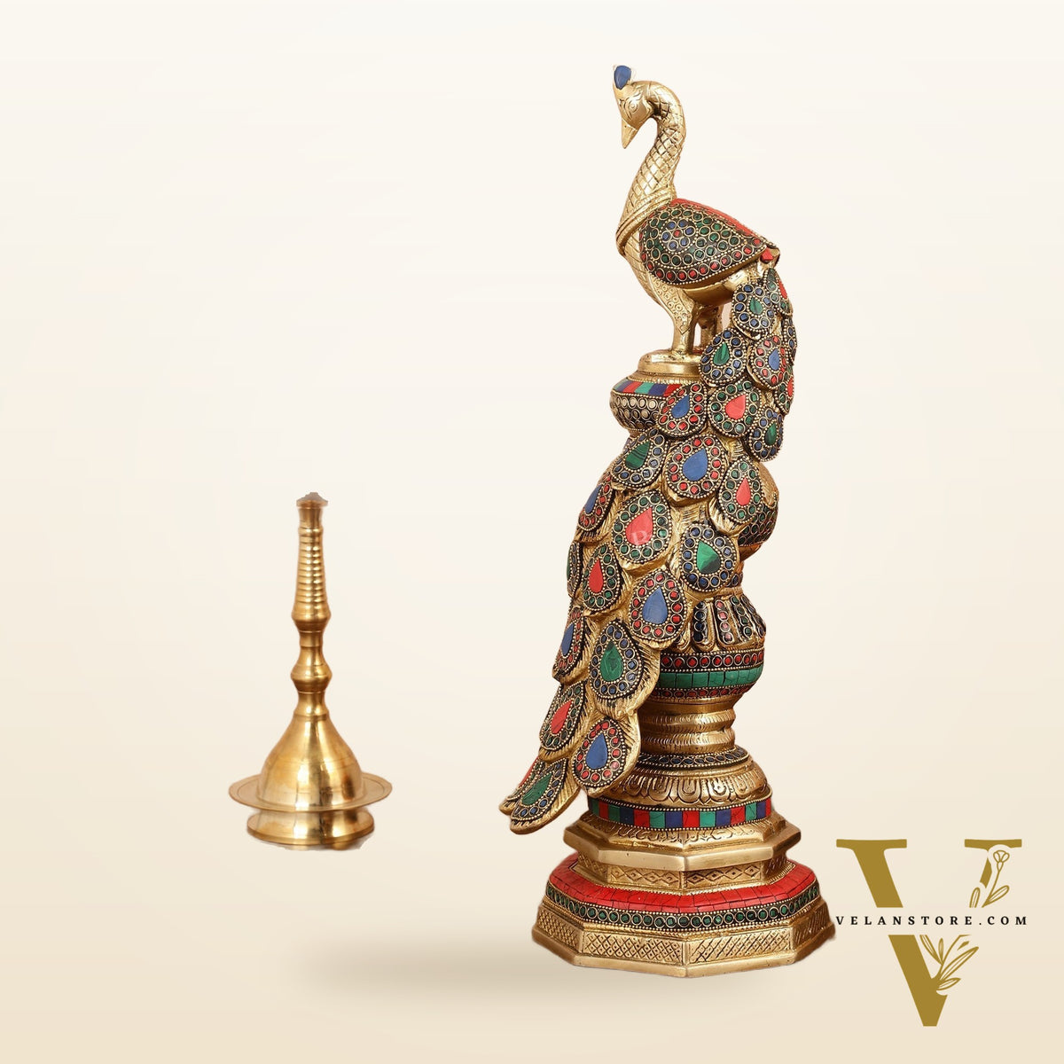 Large brass Peacock Showpiece with Meenakari - 20 Inch