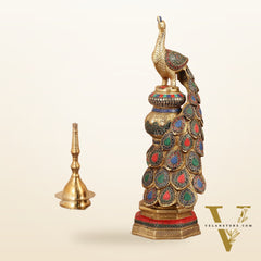 Large brass Peacock Showpiece with Meenakari - 20 Inch