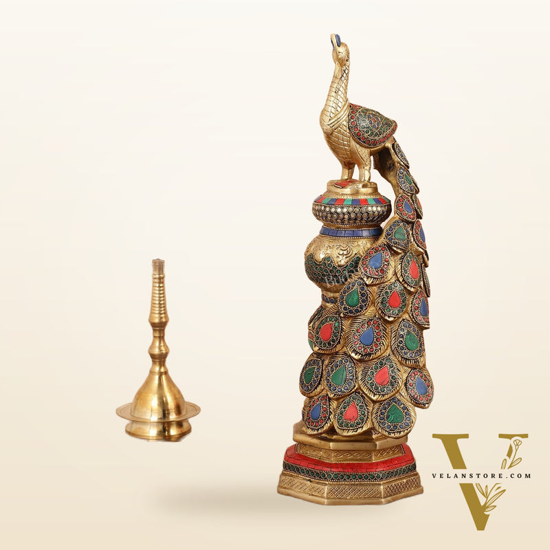 Large brass Peacock Showpiece with Meenakari - 20 Inch