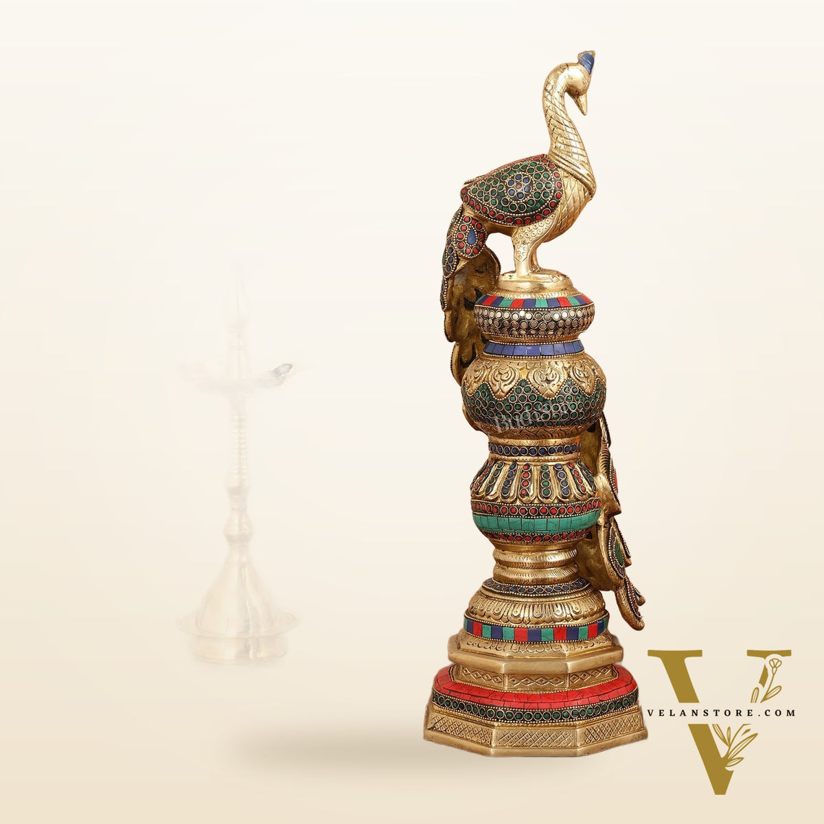 Large brass Peacock Showpiece with Meenakari - 20 Inch