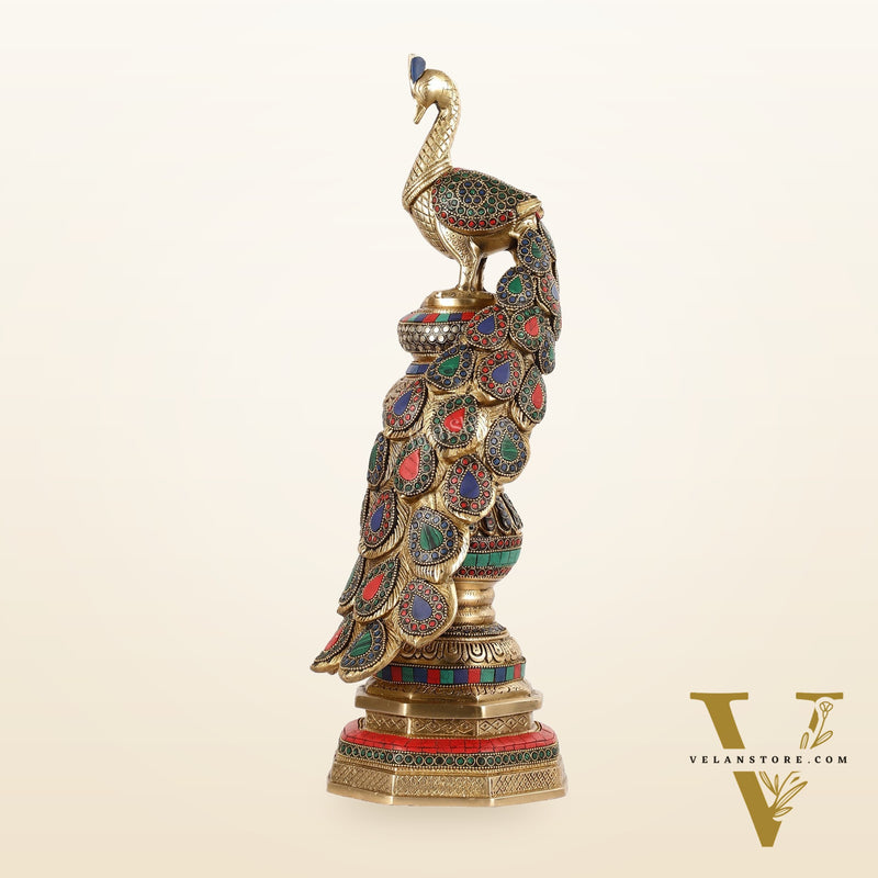 Large brass Peacock Showpiece with Meenakari - 20 Inch