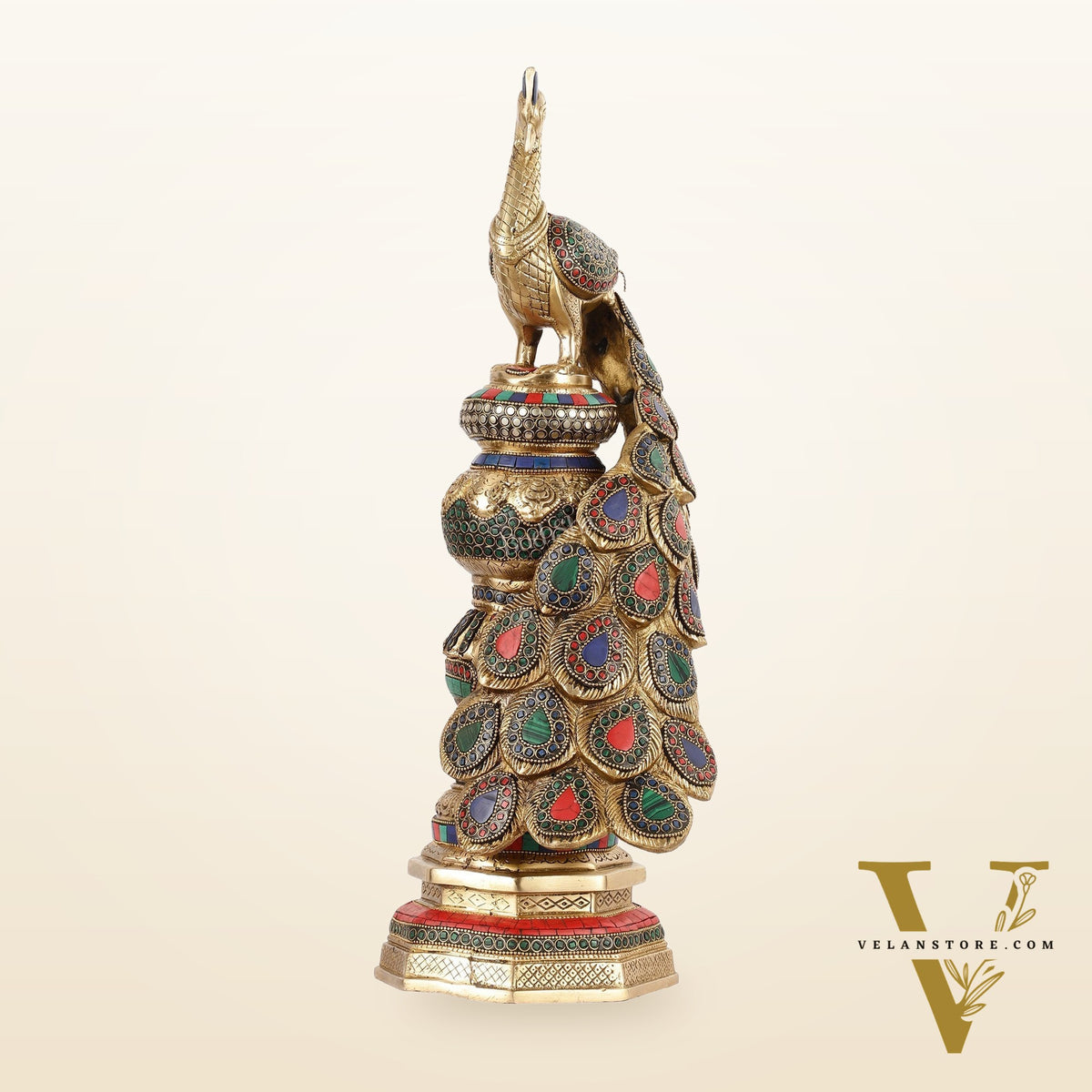 Large brass Peacock Showpiece with Meenakari - 20 Inch