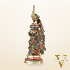 Large brass Peacock Showpiece with Meenakari - 20 Inch