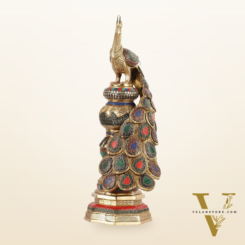 Large brass Peacock Showpiece with Meenakari - 20 Inch