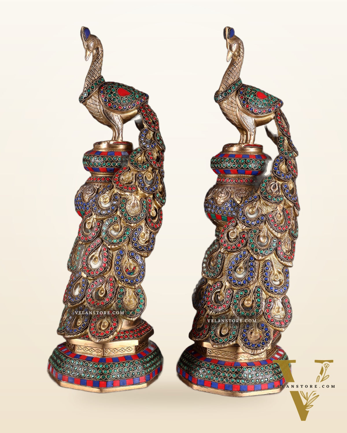 Large brass Peacock Showpiece with ring stonework - 20 Inch pair